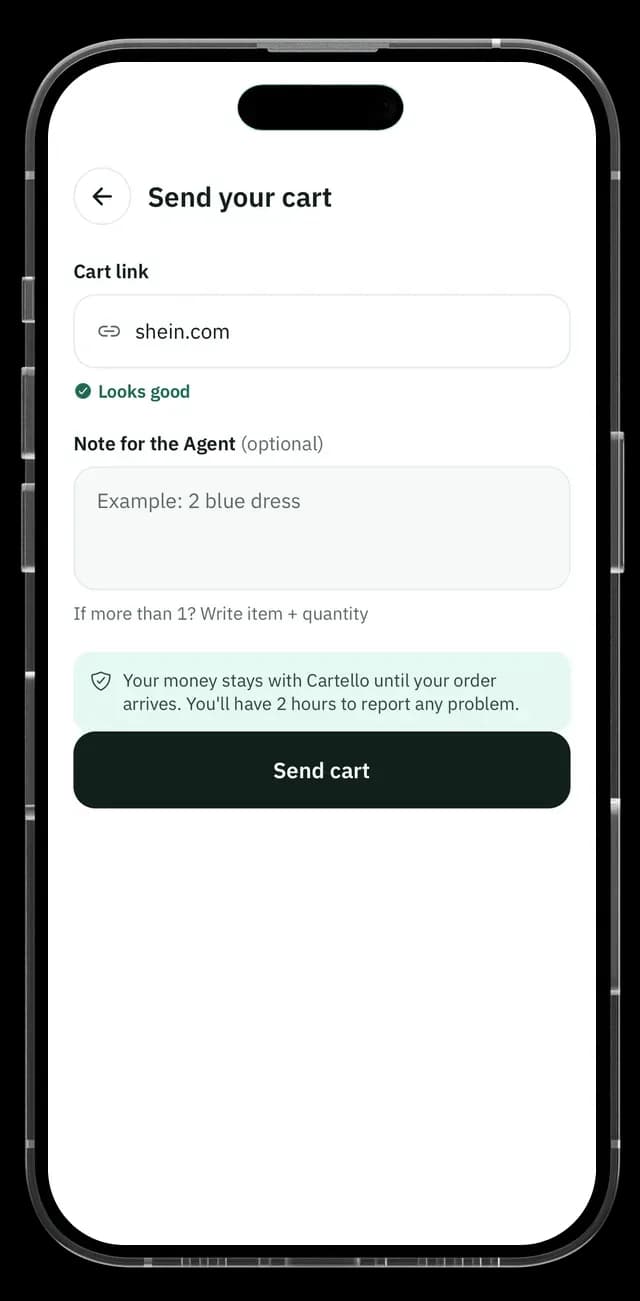 Cartello app screen: send your cart