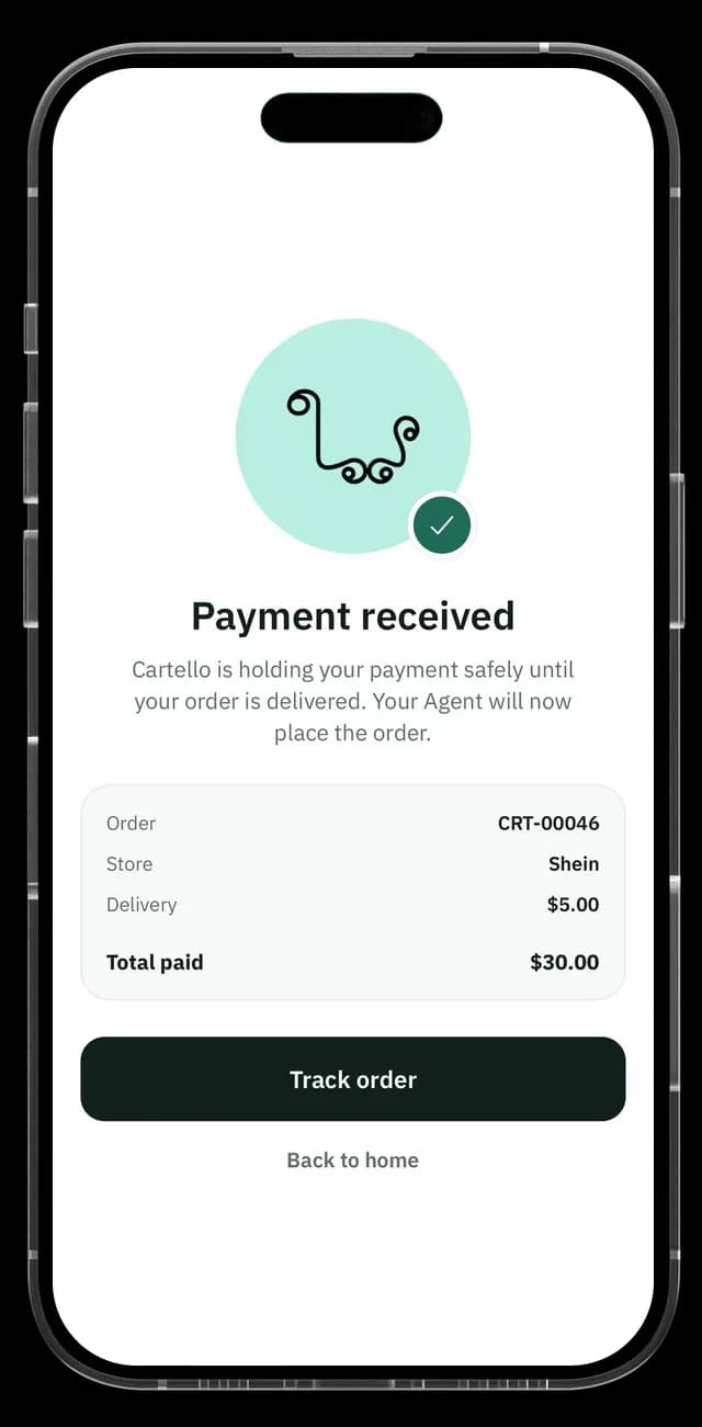 Cartello app screen: payment received and held